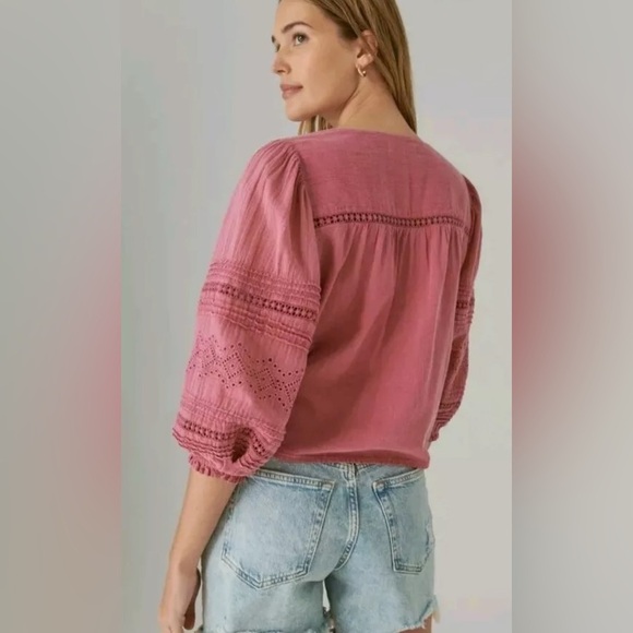 LUCKY BRAND Raspberry Pink Puff Sleeve Blouse with Tassel Tie in the Front Boho - Picture 11 of 12